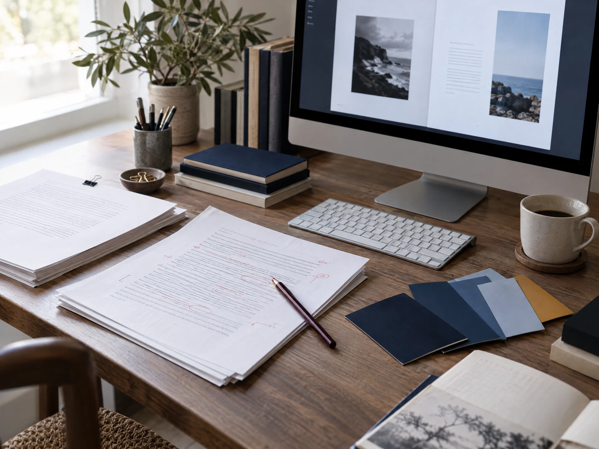 Mesa de trabajo editorial con manuscrito y materiales de diseño