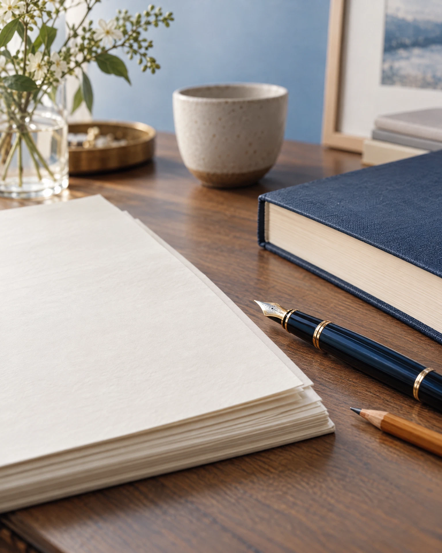 Manuscrito, pluma y libro en un espacio de escritura